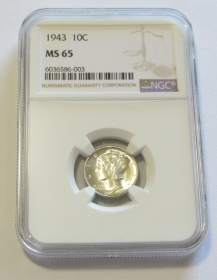 1943 MERCURY DIME NGC 65