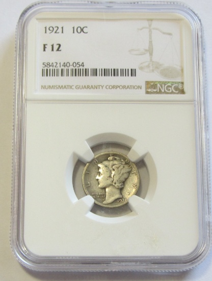 KEY 1921 MERCURY DIME NGC F12