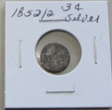 1852/2  (Possible 2 over 2) Silver 3 Cent