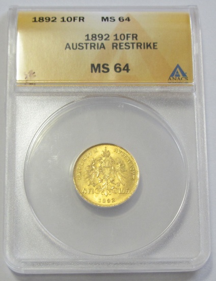 1892 GOLD 10 FRANC AUSTRIA ANACS 64