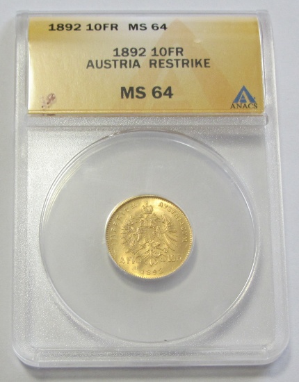 1892 GOLD 10 FRANC AUSTRIA ANACS 64