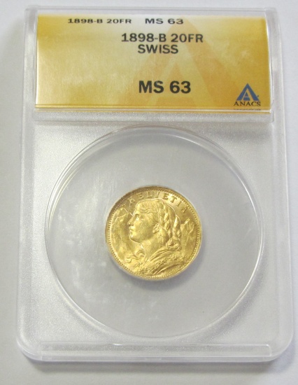 1898-B GOLD 20 FRANC SWISS ANACS 63