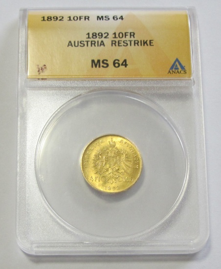 GOLD 1892 AUSTRIA 10 FRANC ANACS MS 64