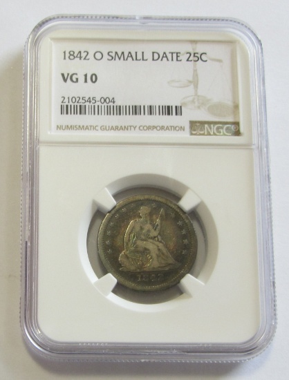 SCARCE 1842-O SMALL DATE SEATED QUARTER NGC 10