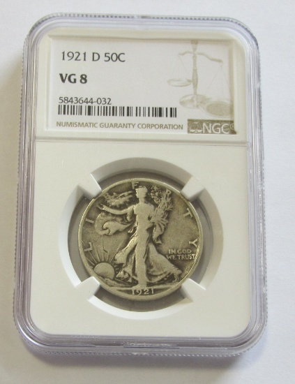 KEY 1921-D WALKING LIBERTY HALF NGC 8