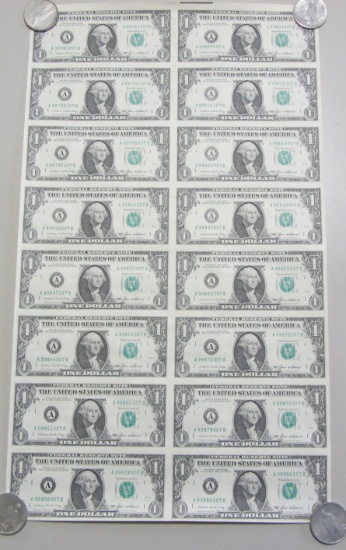 SHEET OF 16 $1 1985 BOSTON FEDERAL RESERVE NOTES WITH NUMBER MARKER