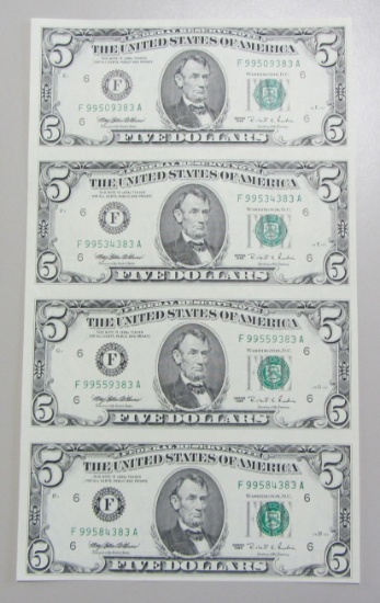 $5 SHEET OF 4 1995 FEDERAL RESERVE NOTES ATLANTA DISTRICT