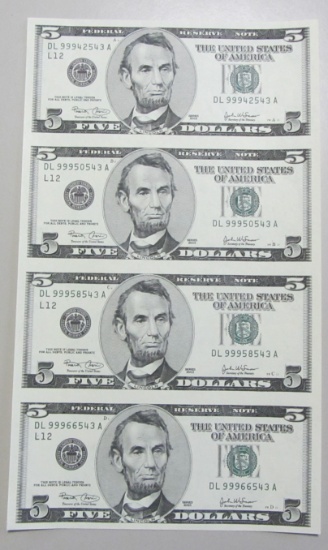 $5 SHEET OF 4 2003 FEDERAL RESERVE NOTES SAN FRANCISCO