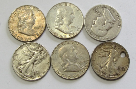 FRANKLIN AND WALKING LIBERTY HALF LOT 6 COINS