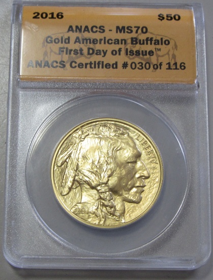 $50 PURE GOLD BUFFALO 1 OUNCE 2016 ANACS MS70 FIRST DAY OF ISSUE WITH WOOD