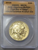 $50 PURE GOLD BUFFALO 1 OUNCE 2016 ANACS MS70 FIRST DAY OF ISSUE WITH WOOD