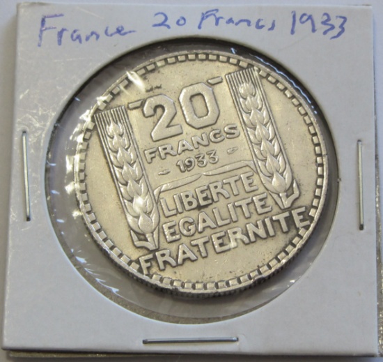 SILVER 1933 20 FRANC FRANCE