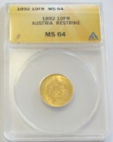 STUNNING 1892 GOLD AUSTRIA 10 FRANCS ANACS MS64