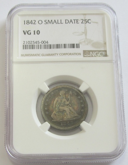 KEY DATE RARE COIN 1842-O SMALL DATE SEATED QUARTR NGC 10