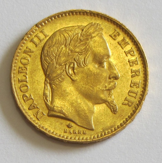 1868 BRILLIANT UNCIRCULATED GOLD 20 FRANC FRANCE .18657 AGW