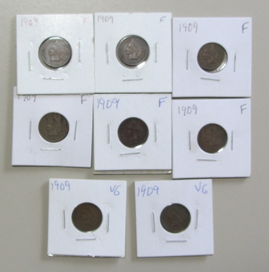 LOT OF 8 1909 INDIAN HEAD CENTS LAST ISSUE DATE