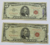 Lot of 2 - $5 Red Seal Banknote 