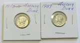 Lot of 2 - 1939 & 1945-D Mercury Dime AU