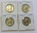 Lot of 4 - 1935, 1942, 1944 & 1945-S Washington Silver Quarter