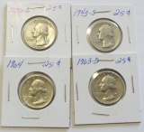 Lot of 4 - 1943S, 1956D, 1963D & 1964 Silver Washington Quarter