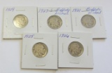 Lot of 5 - 1921, 1923-S, 1924, 1925 & 1926 Buffalo Nickel G/VG