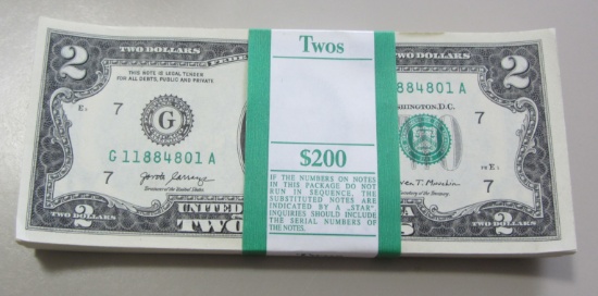 BEP BANK PACK OF 100 CONSECUTIVE $2 BILLS GEM 200 FACE