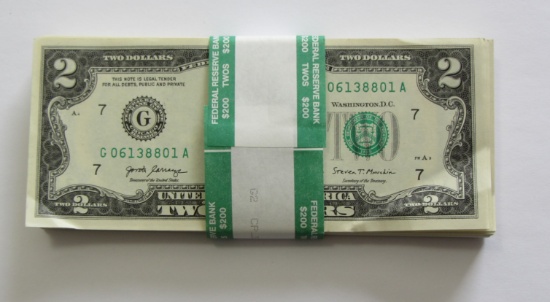 $2 UNCIRCULATED PACK OF FRN $200 FACE A FEW ON TOP NOT CONSECUTIVE