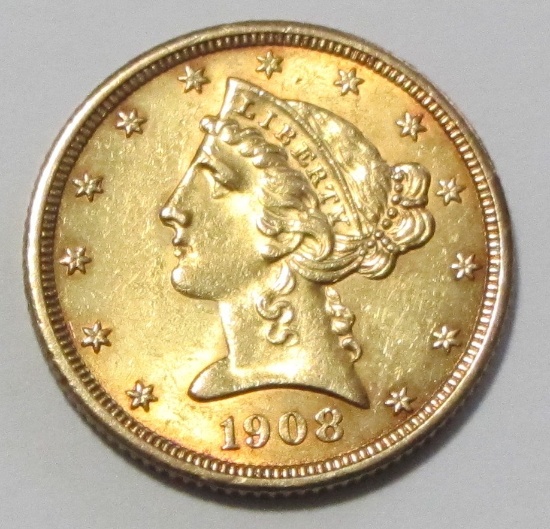 $5 GOLD 1908 HALF EAGLE HIGH GRADE SHARP COIN