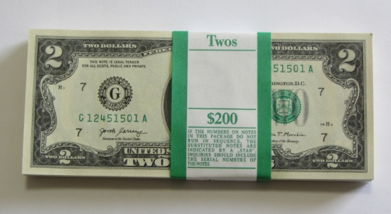 GEM CONSECUTIVE BEP BANK PACK $2 BILLS 100 NOTES TOTAL