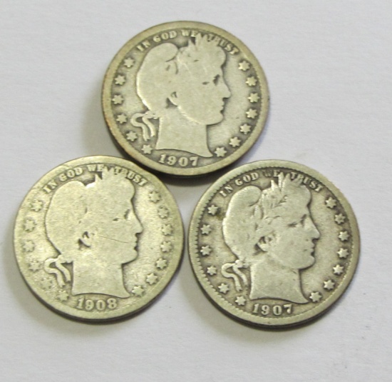 3 NICE DATE BARBER QUARTERS 1907 1908-O 1907-O