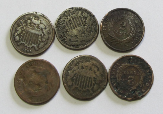 LOT OF 6 2 CENT PIECES