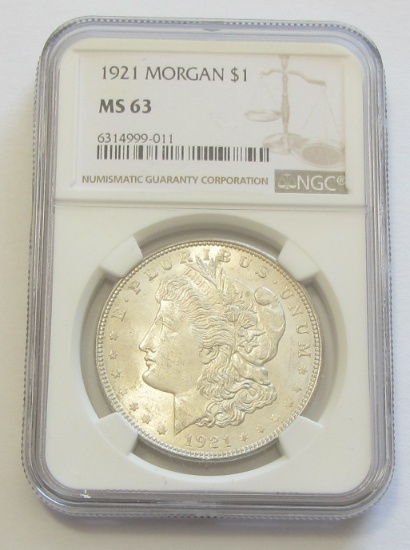 $1 1921 MORGAN SILVER DOLLAR NGC MS 63