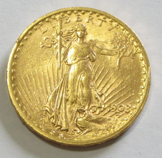 $20 GOLD SAINT GAUDENS DOUBLE EAGLE 1908. NO INTERNATIONAL SHIPPING