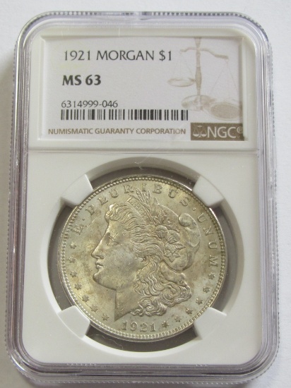 $1 1921 MORGAN SILVER DOLLAR NGC MS 63