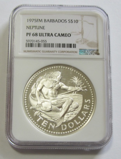 1975 FM SILVER BARBADOS $10 NEPTUNE NGC 68 ULTRA