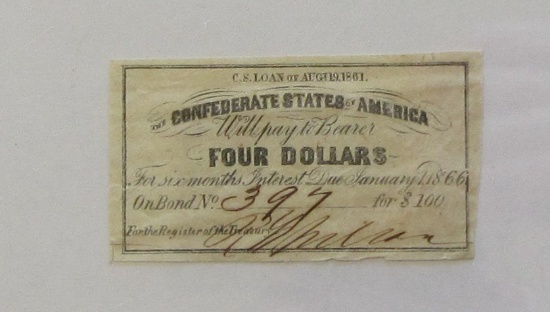 $4 CONFEDERATE BOND COUPON 1861