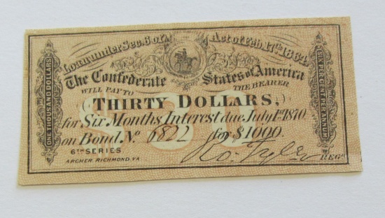 $30 CONFEDERATE BOND COUPON 1864