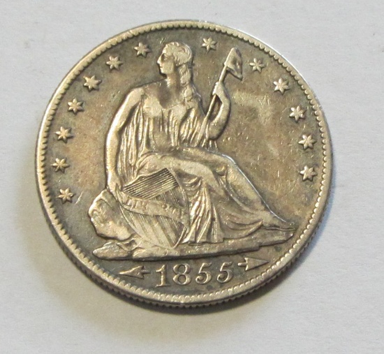 1855-O SEATED HALF BETTER DATE AND GRADE