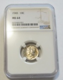 1945 MERCURY DIME NGC 64