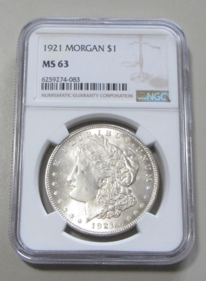 $1 1921 MORGAN SILVER DOLLAR NGC MS 63