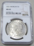 $1 1921 MORGAN SILVER DOLLAR NGC MS 63