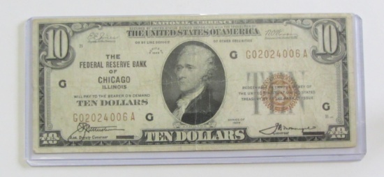 $10 FEDERAL RESERVE BANK NOTE 1929 BROWN SEAL CHICAGO 4006