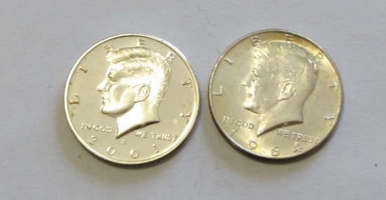 2 SILVER KENNEDY HALF DOLLARS 1964 2001-S PROOF