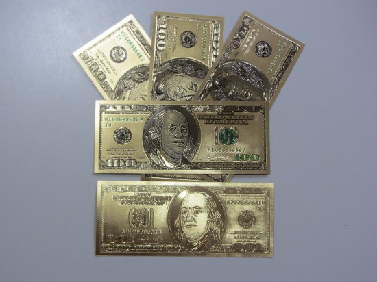 LOT OF 5 $100 REPLICA GOLD PLATE NOTES