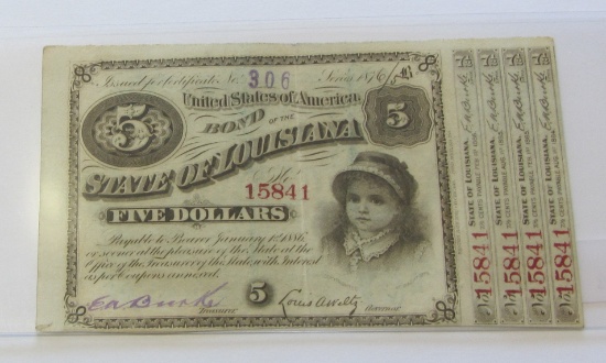 $5 BABY BOND WITH ATTACHED COUPONS 1876/5