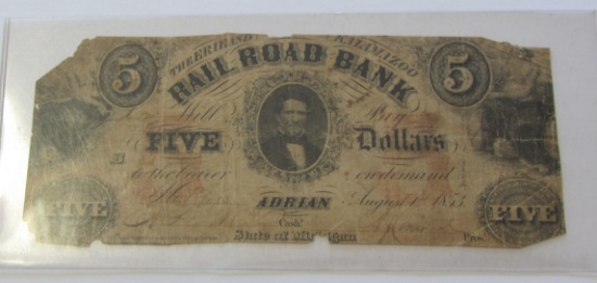 $5 RAIL ROAD BANK ADRIAN MICHIGAN 1853