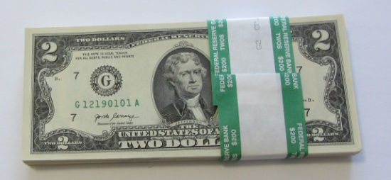 BEP PACK OF UNCIRCULATED $2 BILLS MOSTLY CONSECUTIVE