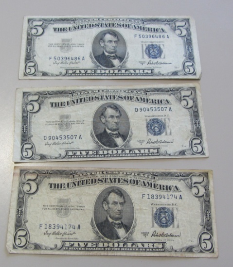 LOT OF 3 $5 SILVER CERTIFICATES