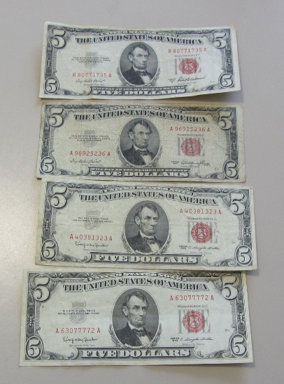 LOT OF 4 $5 RED SEAL LEGAL TENDER NOTES