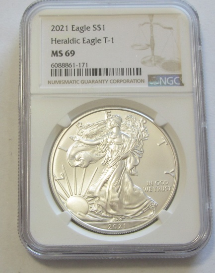 2021 $1 SILVER EAGLE HERALDIC EAGLE TYPE 1 NGC 69